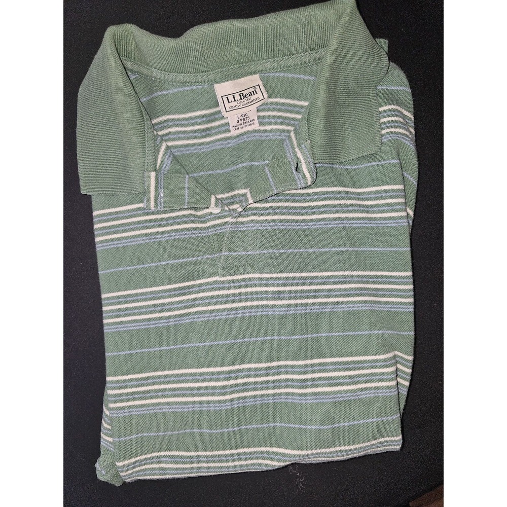 LL Bean Classic Polo Shirt Mens Large Green White Stripes Cotton Short Sleeve
